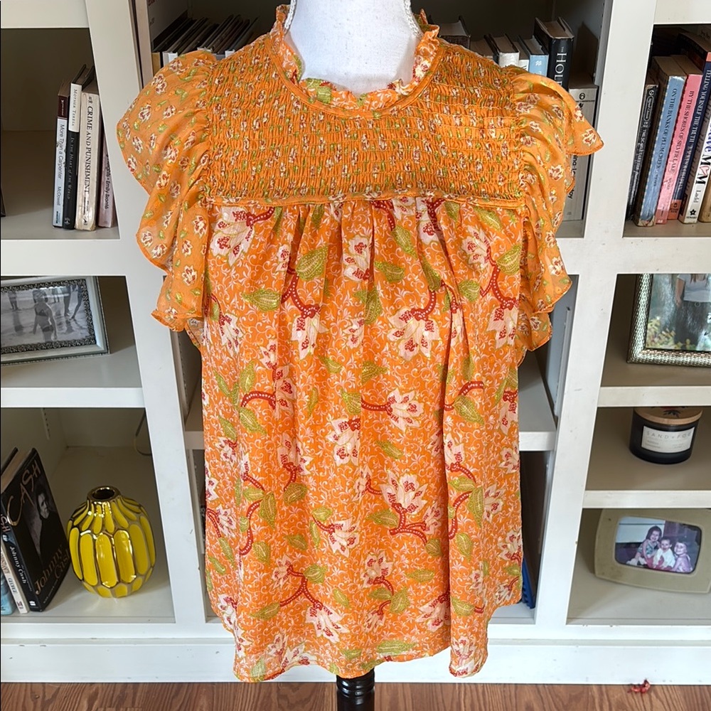 Orange Floral Flutter Sleeve Blouse Medium Cottagecore Boho Spring Anthropologie